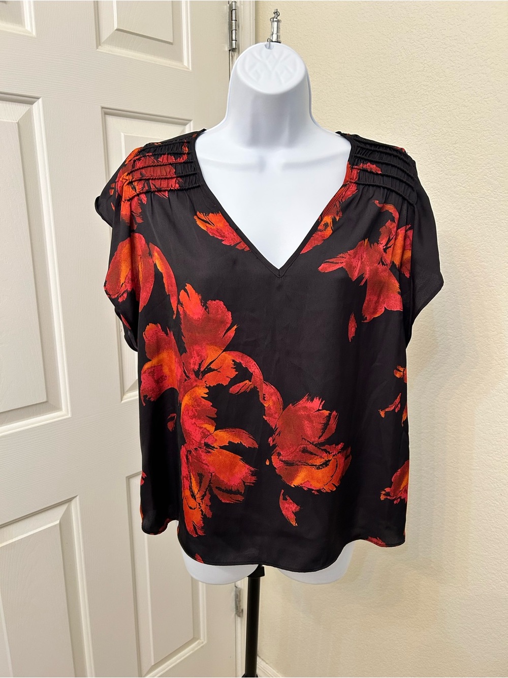 Nine West Black V-Neck Blouse with Red-Orange Floral Print